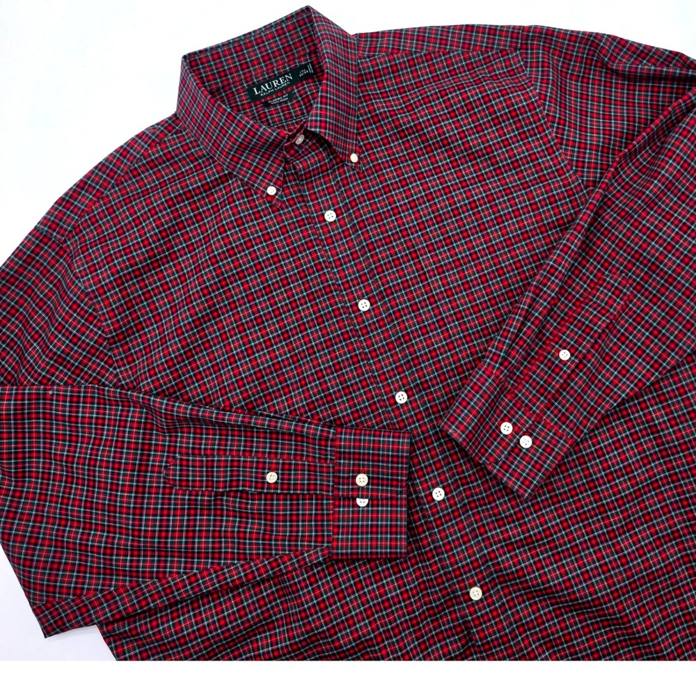 Lauren Ralph Lauren Mens 17.5‎ 34/35 Red Plaid Non Iron Cotton Shirt Classic Fit